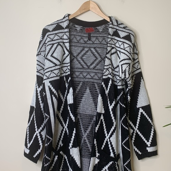 Celsius Premium | Black White Knit Open Front Aztec Pocket Cardigan Sweater L - Picture 3 of 17